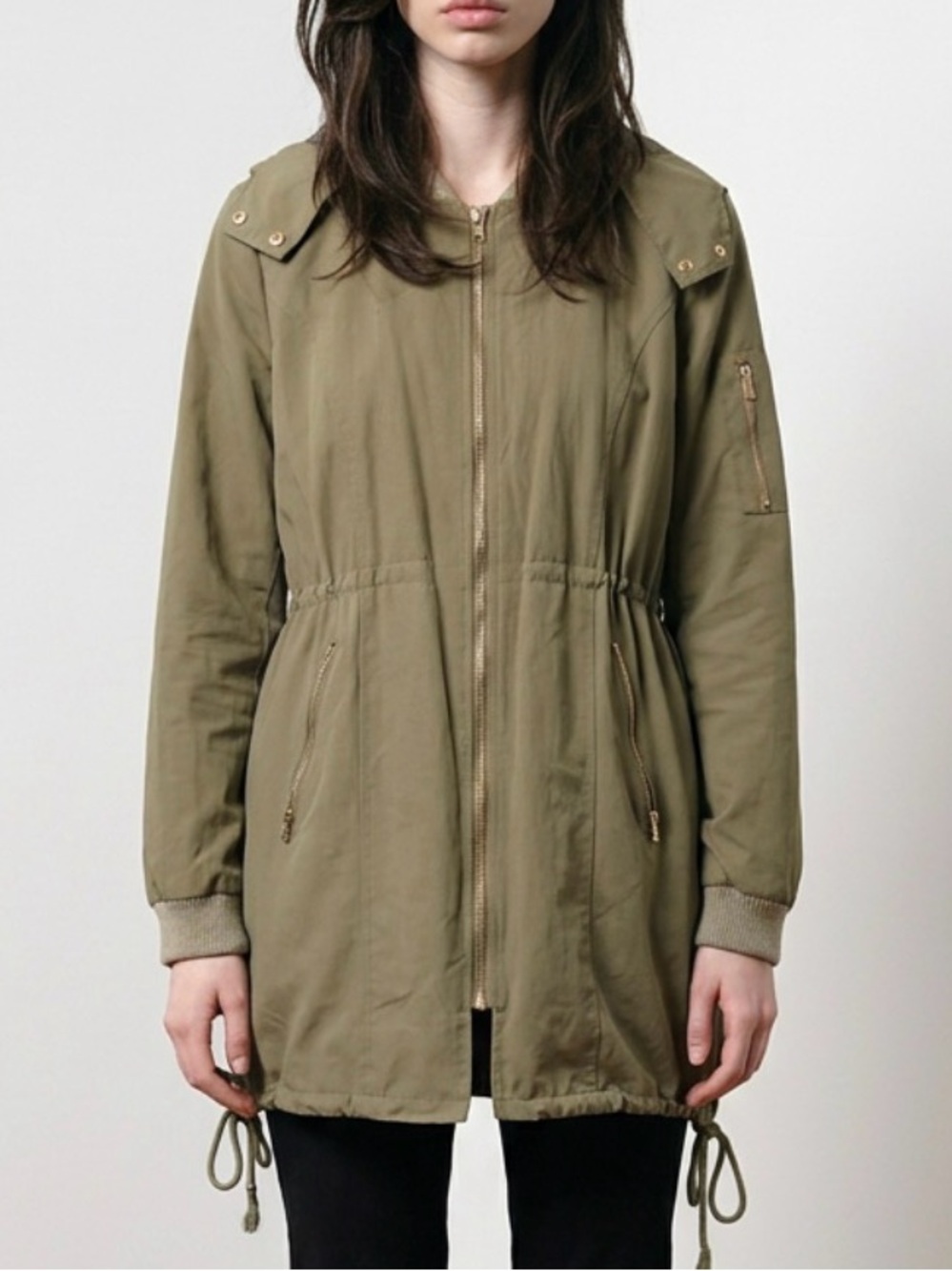 Daisy Olive Drawstring Hooded Fall Jacket